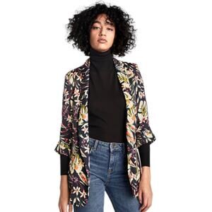 Zara Satin Floral Printed Open Front Long Blazer Jacket Women Green Size XS
